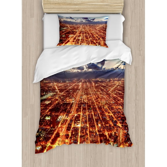 City Duvet Cover Set, Chicago Downtown Skyline Aerial Panorama View at Dusk with Skyscrapers, Decorative 2 Piece Bedding Set with 1 Pillow Shams, Twin Size, Orange Dark Orange Blue, by Ambesonne