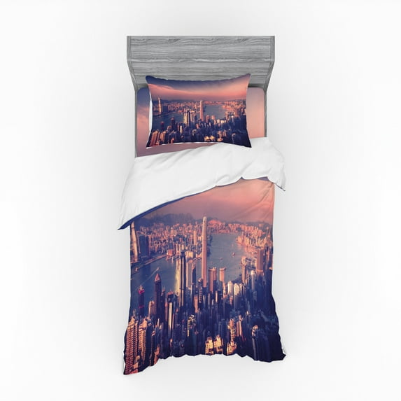 City Duvet Cover Set, Dreamy View of Chinese City Hong Kong Urban Scene Concept Victoria Harbor, Bedding Set with Shams and Fitted Sheet, 3 Sizes, by Ambesonne