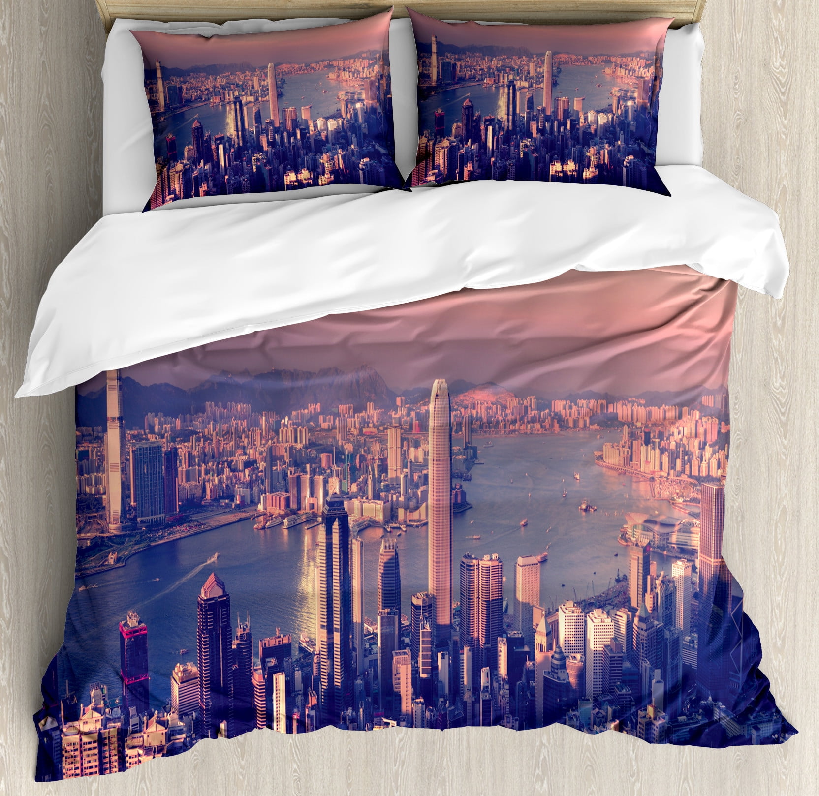 City Duvet Cover Set, Dreamy View of Chinese City Hong Kong Urban Scene