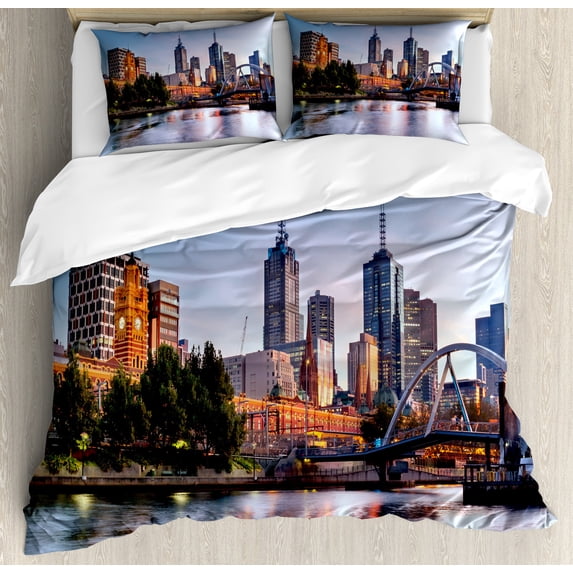 City Duvet Cover Set, Early Morning Scenery in Melbourne Australia Famous Yarra River Scenic, Decorative 3 Piece Bedding Set with 2 Pillow Shams, King Size, Orange Green Pale Blue, by Ambesonne