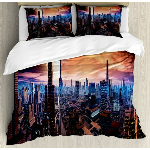 City Duvet Cover Set, Futuristic Cityscape on Distant World Sci-Fi Inspired Design Planets in Sky, Decorative 3 Piece Bedding Set with 2 Pillow Shams, Calking Size, Orange Blue Cinnamon, by Ambesonne