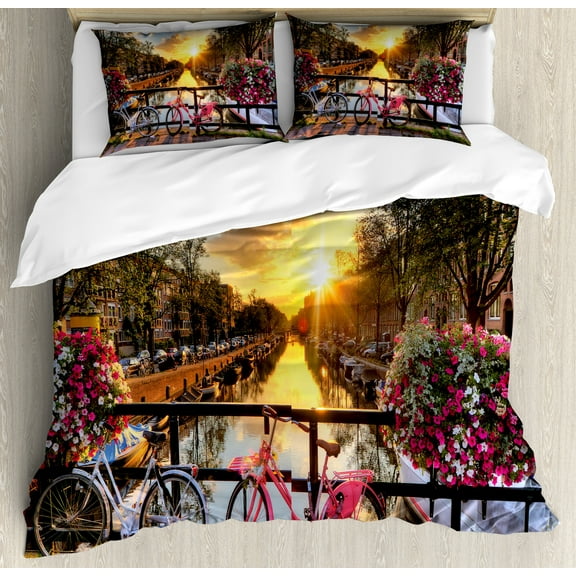 City Duvet Cover Set, Holland Amsterdan Urban Photo with Sunset over Canal and Bicycles Floral Balls, Decorative 3 Piece Bedding Set with 2 Pillow Shams, Calking Size, Multicolor, by Ambesonne