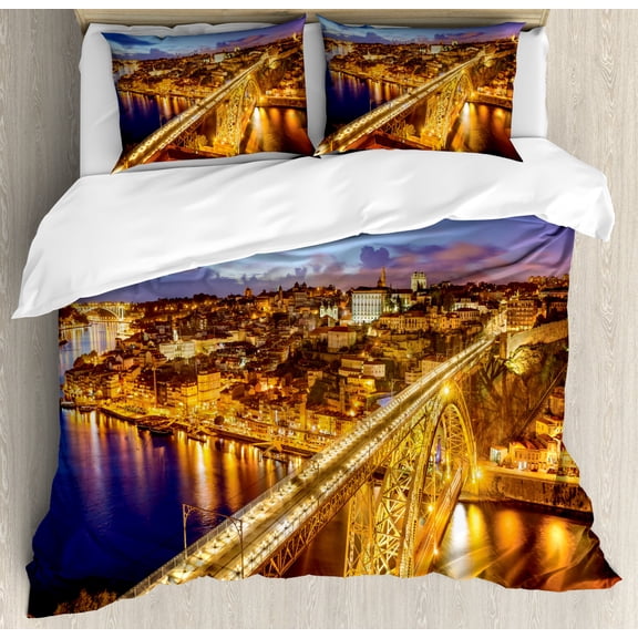 City Duvet Cover Set King Size, Porto Dom Luis Bridge at Night River Portuguese Coast Mediterranean View, Decorative 3 Piece Bedding Set with 2 Pillow Shams, Apricot Violet Blue, by Ambesonne