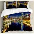 thumbnail image 1 of City Duvet Cover Set, Looking down the Yarra River on a Night in Melbourne Water Reflection, Decorative 3 Piece Bedding Set with 2 Pillow Shams, Queen Size, Indigo Yellow, by Ambesonne, 1 of 3
