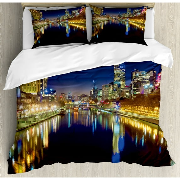 City Duvet Cover Set, Looking down the Yarra River on a Night in Melbourne Water Reflection, Decorative 3 Piece Bedding Set with 2 Pillow Shams, Queen Size, Indigo Yellow, by Ambesonne