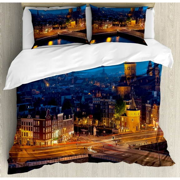 City Duvet Cover Set, Night View of Amsterdam Famous Landmark European Urban Travel Architecture, Decorative 3 Piece Bedding Set with 2 Pillow Shams, Calking Size, Blue Marigold Tan, by Ambesonne