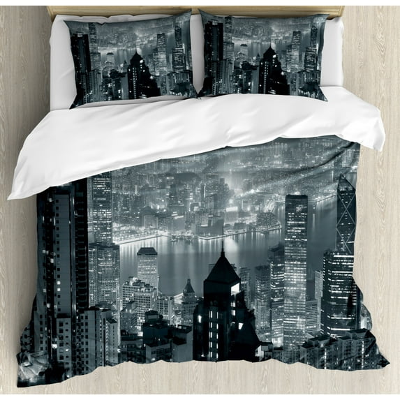 City Duvet Cover Set Queen Size, Aerial Night of View Hong Kong Skyline Famous Modern Urban Town Metropolis Panorama Image, Decorative 3 Piece Bedding Set with 2 Pillow Shams, Grey, by Ambesonne