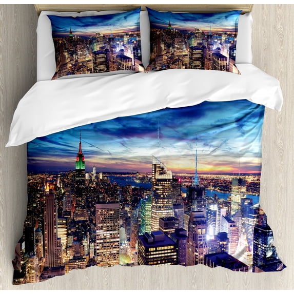 City Duvet Cover Set Queen Size, Empire State and Skyscrapers of Midtown Manhattan New York Aerial View at Dusk, Decorative 3 Piece Bedding Set with 2 Pillow Shams, Tan Navy Blue Aqua, by Ambesonne
