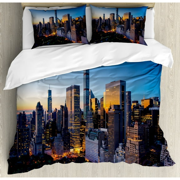City Duvet Cover Set, Sun Rising over Central Park in Manhattan Tranquil Morning Skyscrapers, Decorative 3 Piece Bedding Set with 2 Pillow Shams, Queen Size, Blue Marigold Dark Green, by Ambesonne