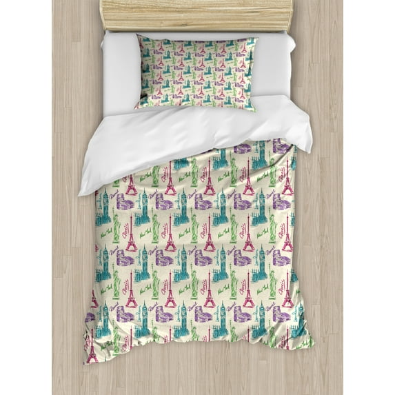 City Duvet Cover Set Twin Size, Big Ben Eiffel Tower Statue of Liberty Colosseum Doodle Sketch Tourist Attractions, Decorative 2 Piece Bedding Set with 1 Pillow Sham, Multicolor, by Ambesonne