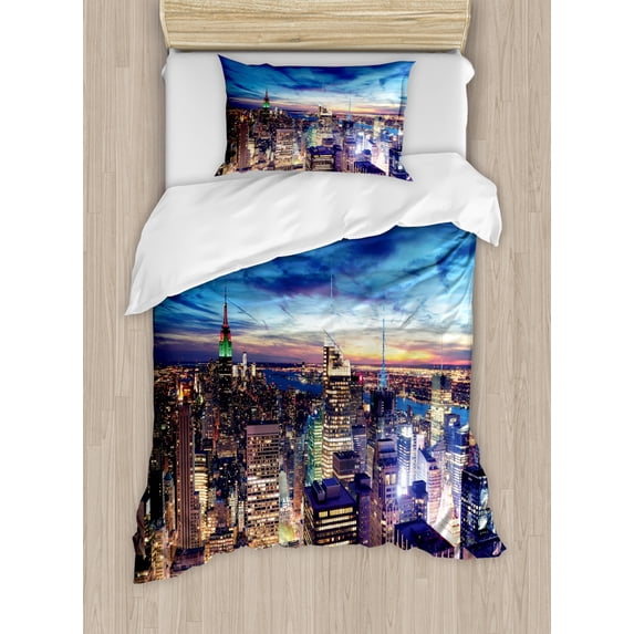 City Duvet Cover Set Twin Size, Empire State and Skyscrapers of Midtown Manhattan New York Aerial View at Dusk, Decorative 2 Piece Bedding Set with 1 Pillow Sham, Tan Navy Blue Aqua, by Ambesonne