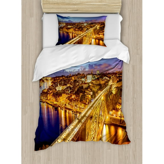 City Duvet Cover Set Twin Size, Porto Dom Luis Bridge at Night River Portuguese Coast Mediterranean View, Decorative 2 Piece Bedding Set with 1 Pillow Sham, Apricot Violet Blue, by Ambesonne