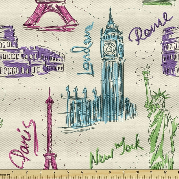 City Fabric by the Yard, Big Ben Eiffel Tower of Liberty Colosseum Doodle Sketch Tourist Attractions, Upholstery Fabric for Dining Chairs Home Decor Accents, 3 Yards, Multicolor by Ambesonne