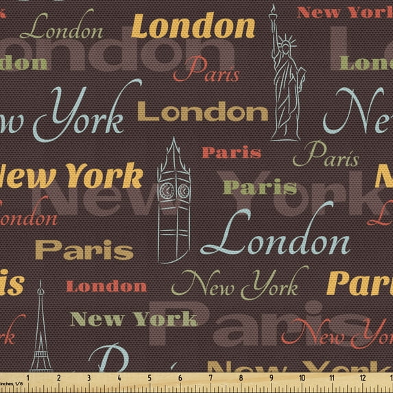 City Fabric by the Yard, Famous Places of World London Paris New York Big Ben of Liberty Eiffel Tower, Decorative Upholstery Fabric for Sofas and Home Accents, 1 Yard, Multicolor by Ambesonne