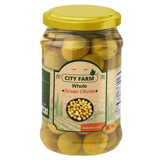 City Farm Whole Green Olives, Shelf-Stable, 35 Fluid Ounce, Glass Jar