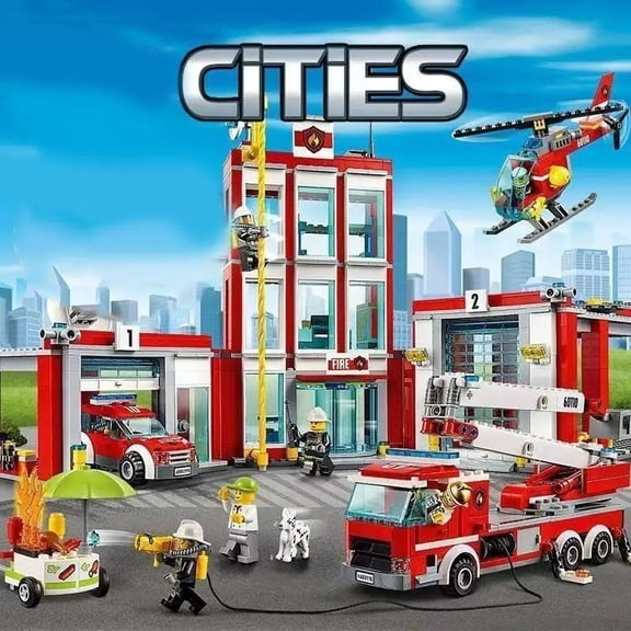 City Fire Station Building Block Toy Set, Large Fire House with Fire Truck and Rescue Helicopter for Boys