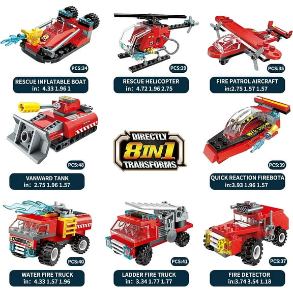 City Fire Truck Building Kit for Kids 6-12 Years Old, Compatible with Lego City Fire Truck 8-in-1 Building Block, Fire Helicopter Toys Building Sets.(313 PCS)