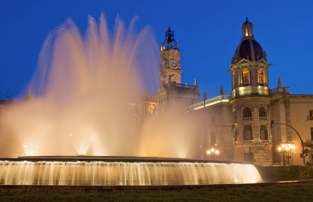 City Hall And Fountain At Dusk Canvas Art - Charles Bowman Design Pics (19 x 12)