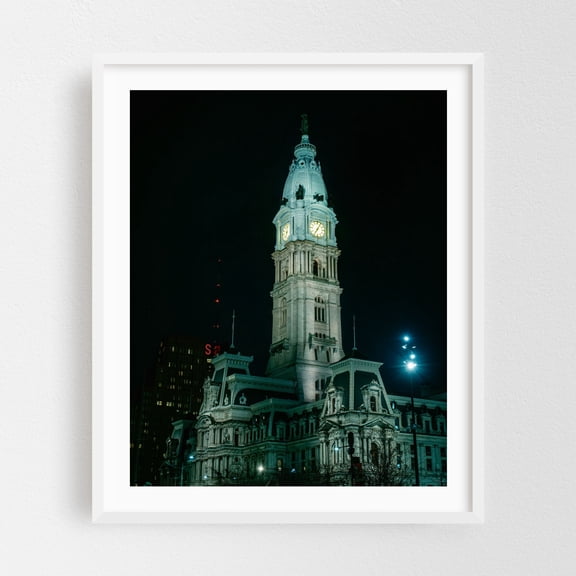 City Hall at Night, Philadelphia - Philadelphia Pennsylvania Photography Architecture Cityscape Night Sky Gothic Cathedral Moody City White Framed Wall Art Print 8 x 10 inches