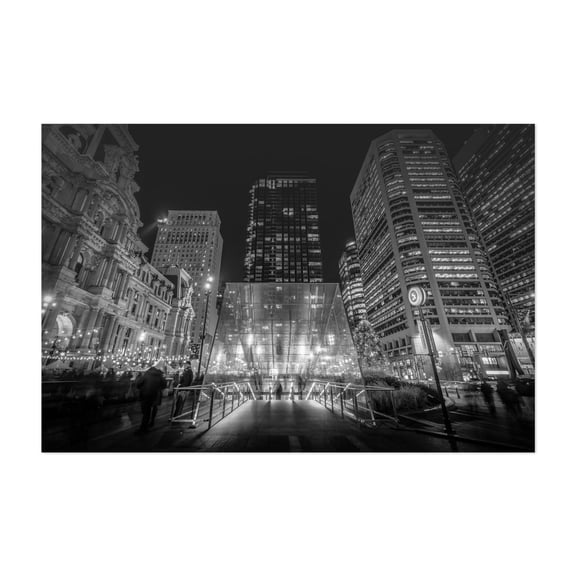 City Hall Stop B&W - Philadelphia Pennsylvania Photography Black and White Cityscape Architecture Street Photography Nightlife Skyline Modern Art Unframed Wall Art Print 20 x 28 inches