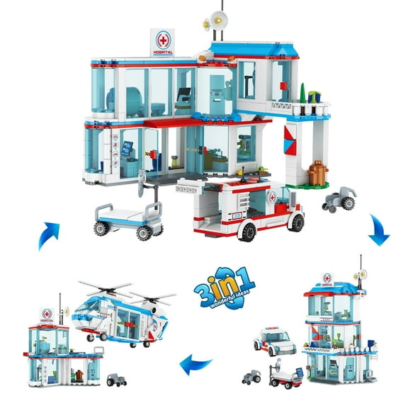 City Hospital STEM 3 in1 Building Sets, Compatible with Lego Ambulance Tor Truck, Rescue Helicopter, Connect to Other City Sets, 687 PCS Best for 6 7 8 9 10 Boys
