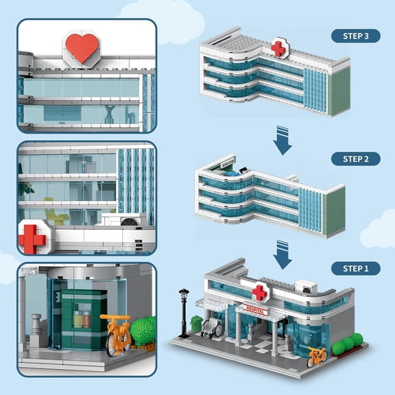 City Hospital Toy Building Set with LED Lighting, Compatible with Lego, Modular Three-Story Architecture Set for Adults, Gift Idea for Kids Ages 10 and Up (1350 Pieces)