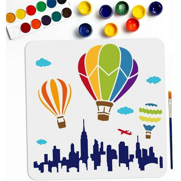 City Hot Air Balloon Stencils 11.8×11.8inch Modern Skyscraper Skyline Stencil with Paint Brush City Buildings Cloud Aircraft Travel Template for Canvas Wall Furniture Decor DIY Crafts 1bag