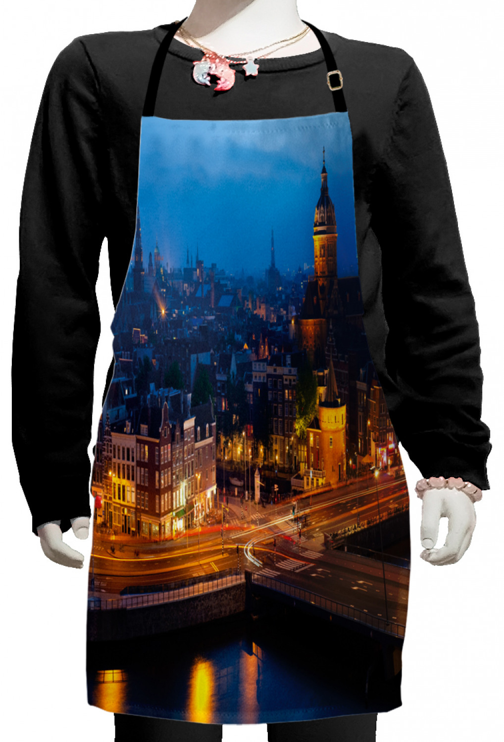 City Kids Apron, Night View of Amsterdam Famous Landmark European Urban ...