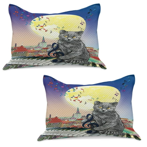 City Knitted Quilt Pillowcover Set of 2, Musical Notes Cat the Keyboard on Rooftops in Night Sky Old Town Full Moon Art Print, Standard Queen Pillow Sham Bedroom, 30" x 20", Multicolor, by Ambesonne