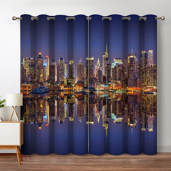 City Landscape Blackout Curtains New York Manhattan Midnight Cityscape Ocean Reflection by The Coast Scenery Urban Decor for Bedroom Living Room Grommet Window Drapes 2 Panel Set, 52"x84"