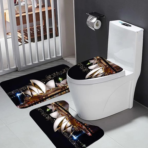 City Landscape of Sydney Bathroom Shower Curtain Sets Rug Bath Mat Toilet Cover Waterproof Fabric Building Bridge Baths Curtains