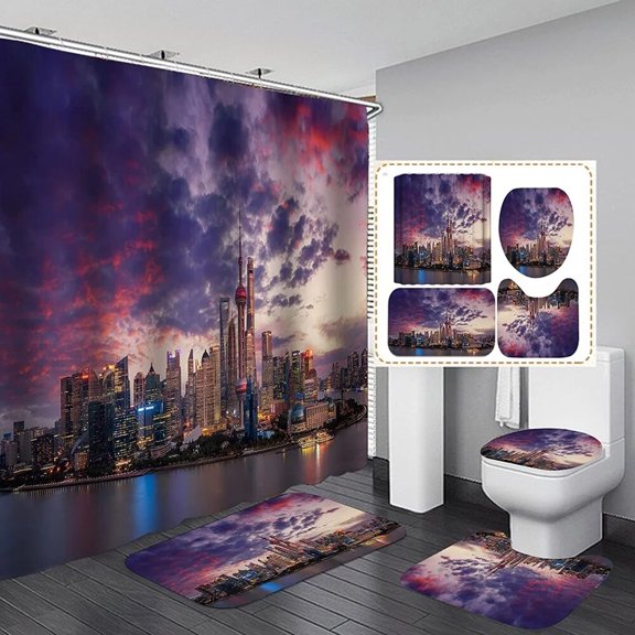 City Landscape of Sydney Bathroom Shower Curtain Sets Rug Bath Mat Toilet Cover Waterproof Fabric Building Bridge Baths Curtains