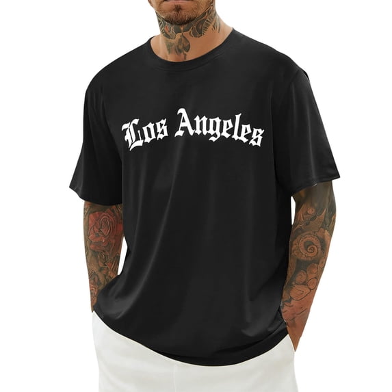 City Letter Print Short Sleeve Crew Neck Tee Casual Graphic T Shirt Breathable Fabric for Men Black L