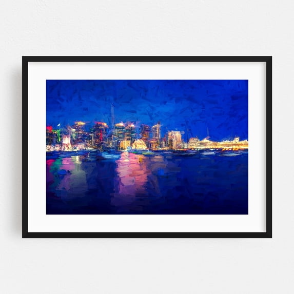 City Lights Symphony - San Diego California Photography Cityscape Skyline Nightlife Harbor Modern Art Neon Sign Night Sky Black Framed Wall Art Print 5 x 7 inches