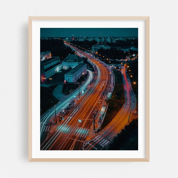 City Lights in Motion - Warsaw - Photography Oak Framed Wall Art Print 30 x 40 inches