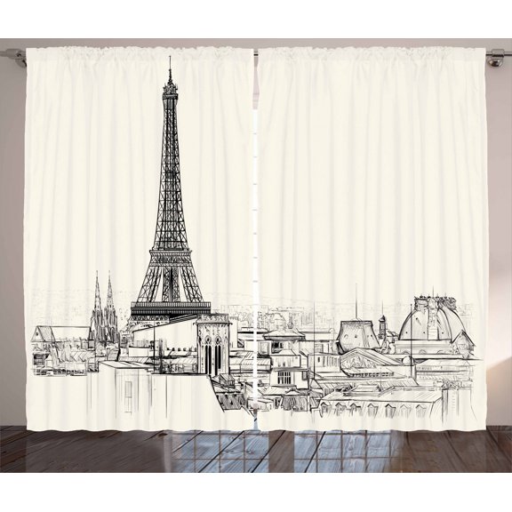 Ambesonne City Love Curtains 2 Panel Set, Paris over Roofs House, 108" x 108", Eggshell and Black