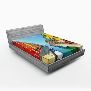 City Love Fitted Sheet, Sea View with Colorful Buildings Urban Life Composition with Boats Photography, Soft Decorative Fabric Bedding, Full Size, Multicolor, by Ambesonne