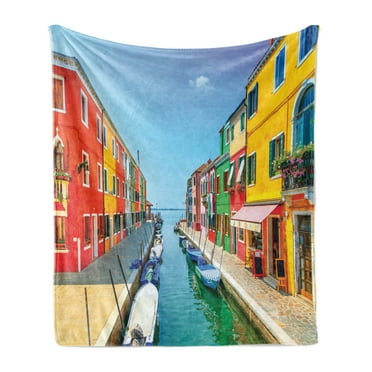 City Love Soft Flannel Fleece Throw Blanket, Sea View with Colorful Buildings Urban Life Composition with Boats Photography, Cozy Plush for Indoor and Outdoor Use, 50" x 70", Multicolor, by Ambesonne