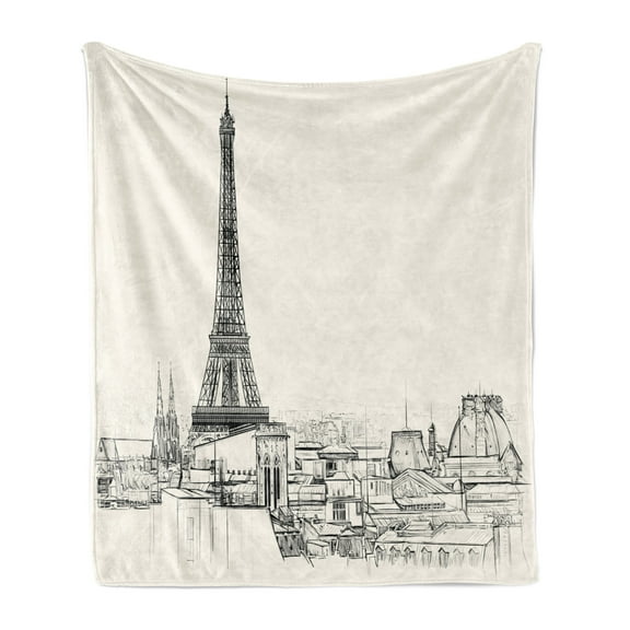 City Love Soft Flannel Fleece Throw Blanket, Sketch Style Image of Paris City over Roofs with Eiffel Tower Landmark, Cozy Plush for Indoor and Outdoor Use, 50" x 60", Eggshell and Black, by Ambesonne