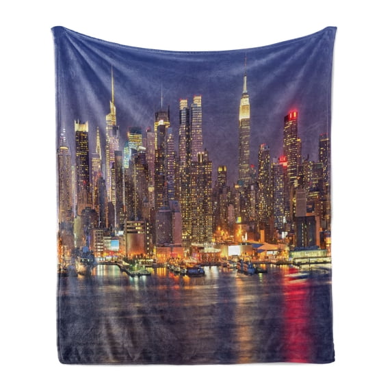 City Love Soft Flannel Fleece Throw Blanket, Urban Life Themed Skyscrapers with Dock and Boats Modern Landscape Photography, Cozy Plush for Indoor and Outdoor Use, 50" x 70", Multicolor, by Ambesonne