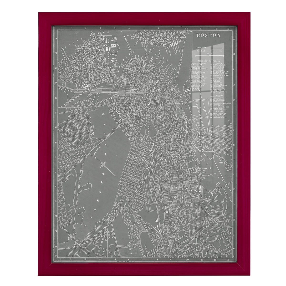 City Map of Boston -Framed Print w/glass-Cherry Red