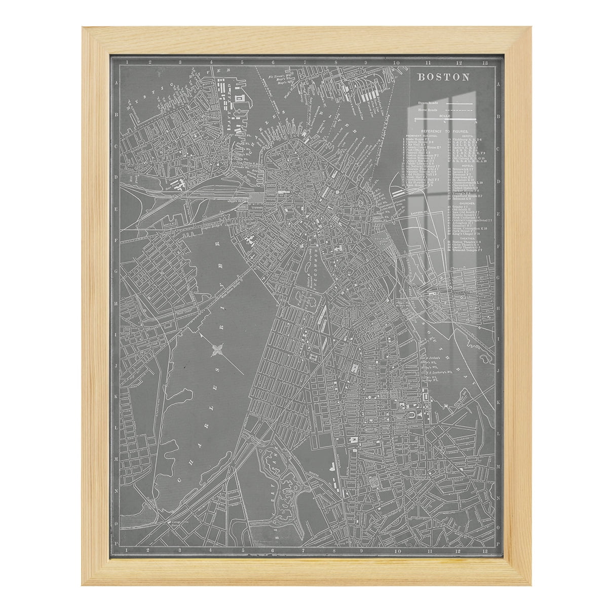 City Map of Boston -Framed Print w/glass-Natural Wood
