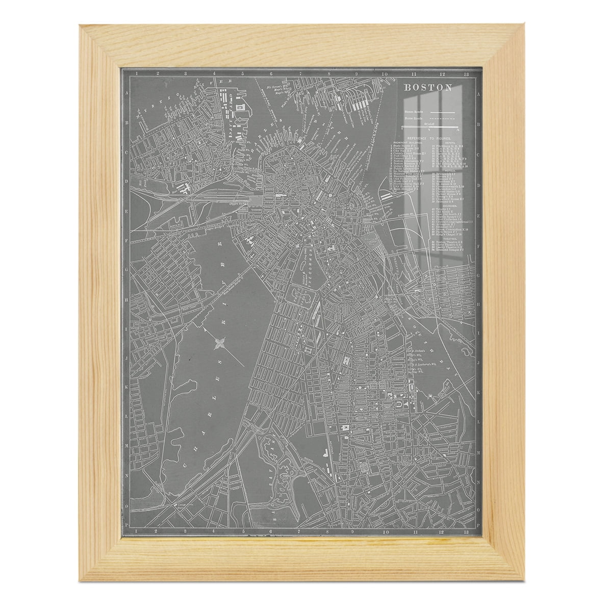 City Map of Boston -Framed Print w/glass-Natural Wood