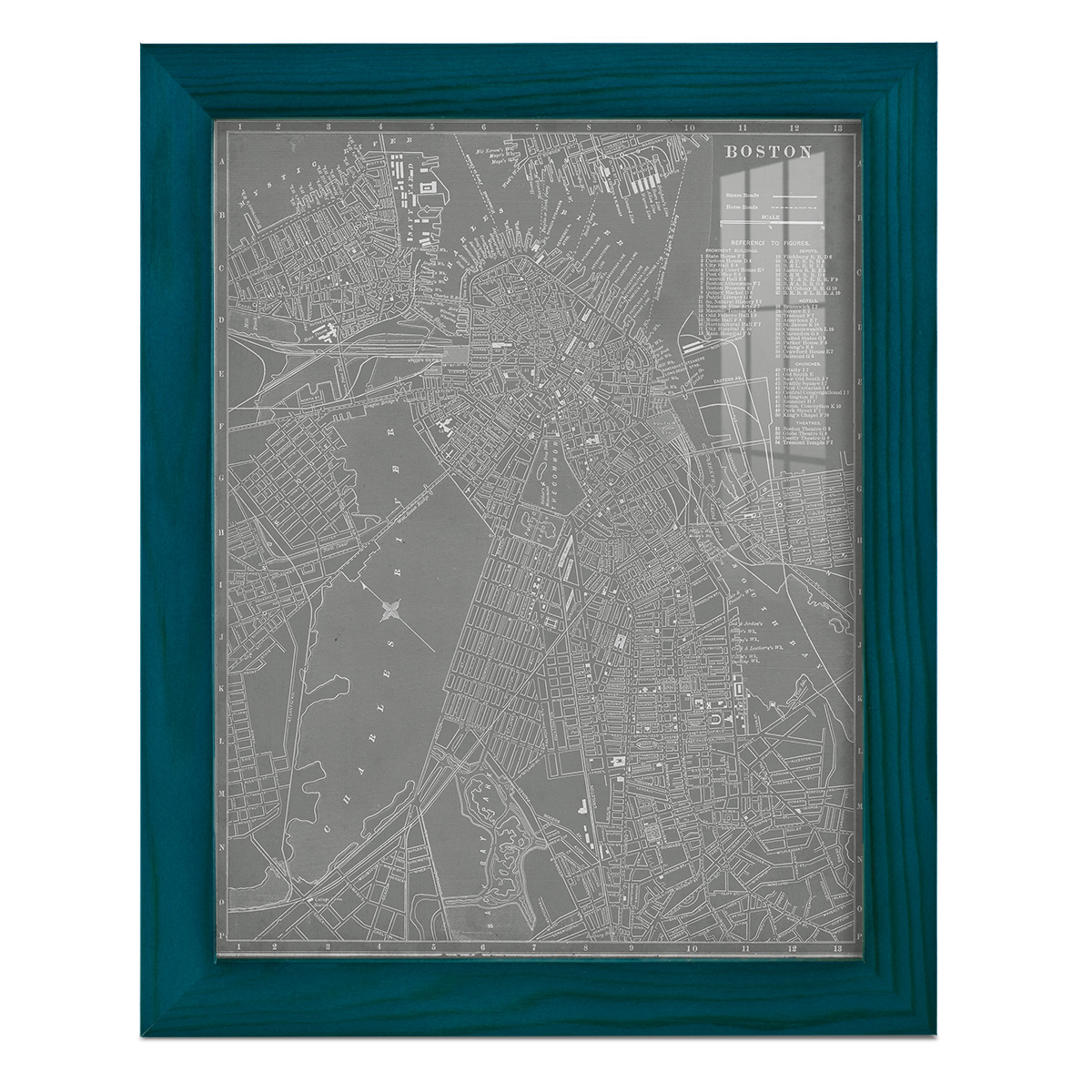 City Map of Boston -Framed Print w/glass-Ocean Blue