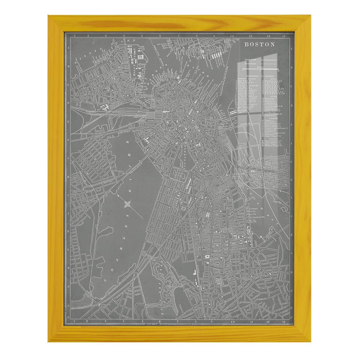 City Map of Boston -Framed Print w/glass-Sunflower Yellow