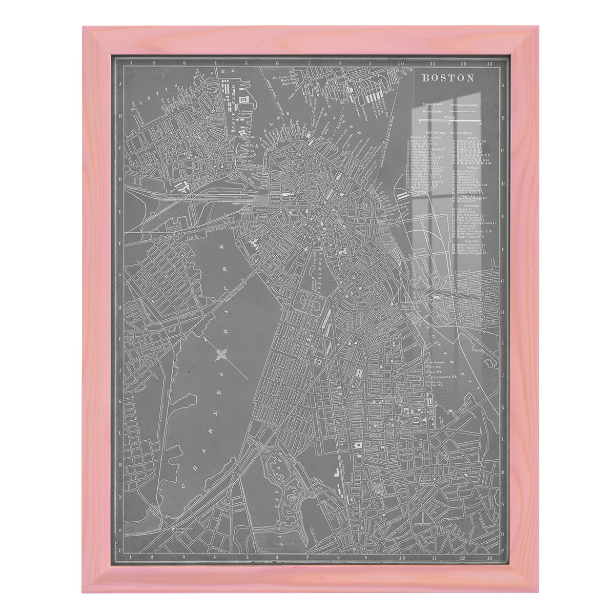 City Map of Boston -Framed Print w/glass-Sunset Pink