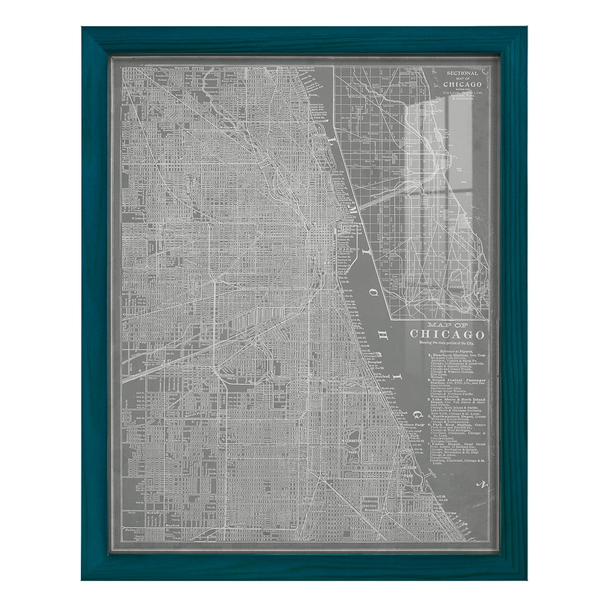 City Map of Chicago -Framed Print w/glass-Ocean Blue