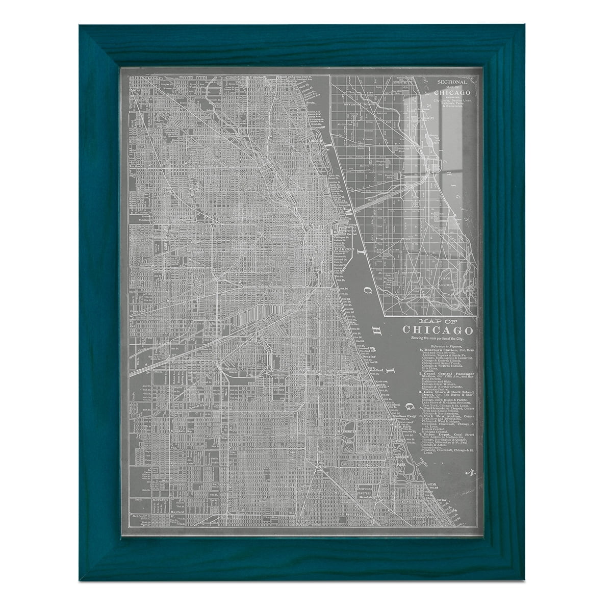 City Map of Chicago -Framed Print w/glass-Ocean Blue
