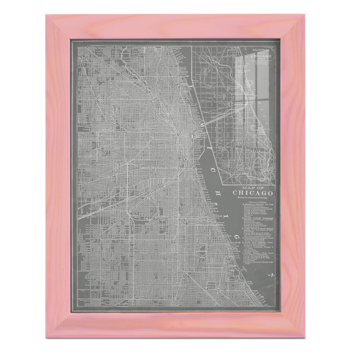 City Map of Chicago -Framed Print w/glass-Sunset Pink