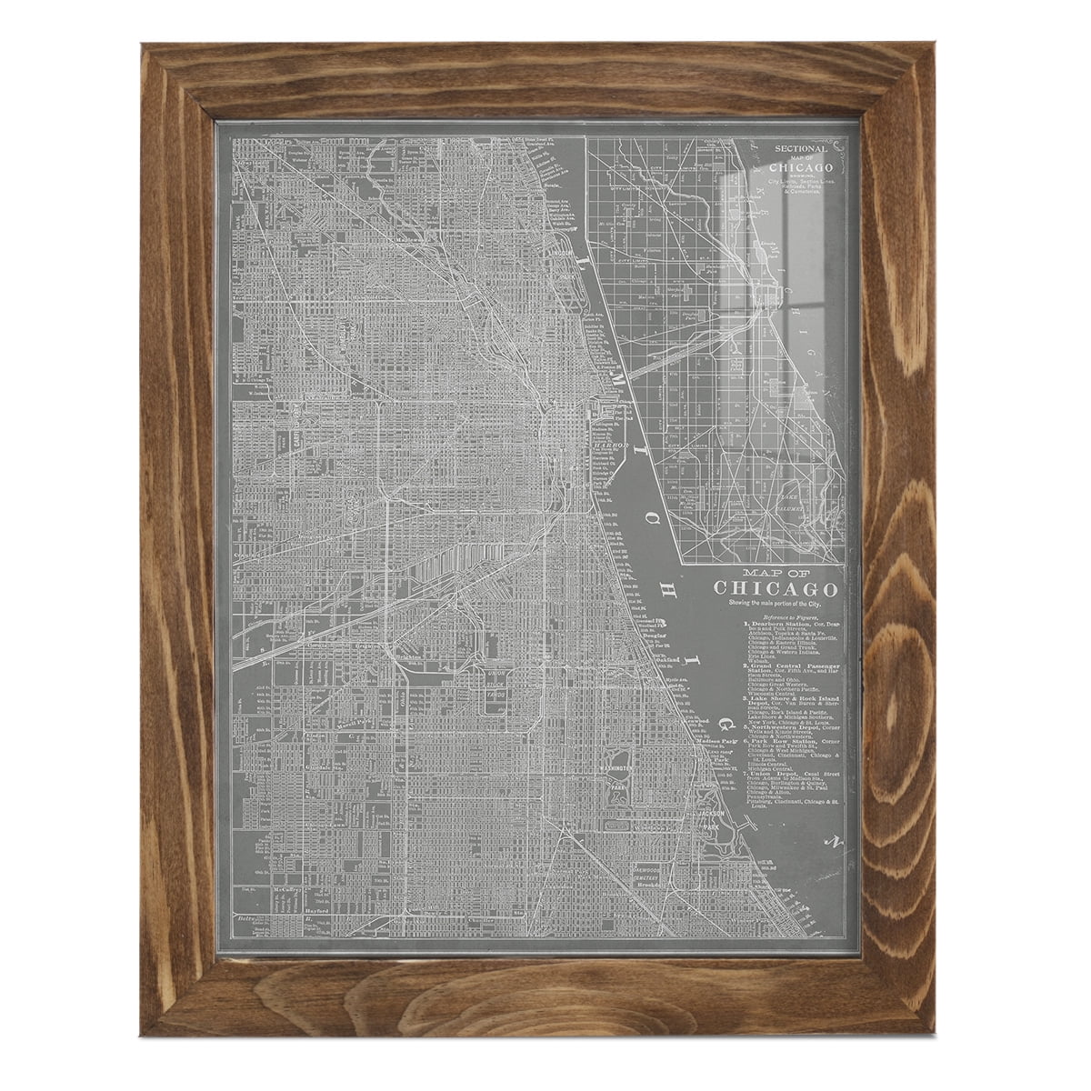 City Map of Chicago -Framed Print w/glass-Walnut